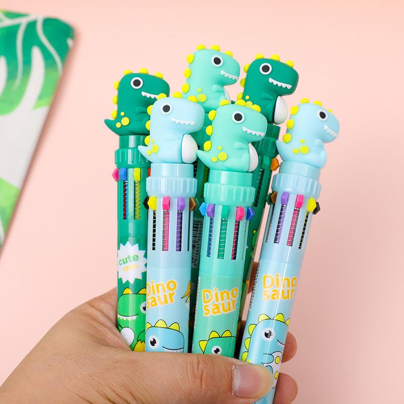 2Pcs Cartoon Cute Dinosaur Multicolor Pen Ten Color Signature Pens Creative Quick-Drying Neutral Pens Writing Smooth Neutral Pen