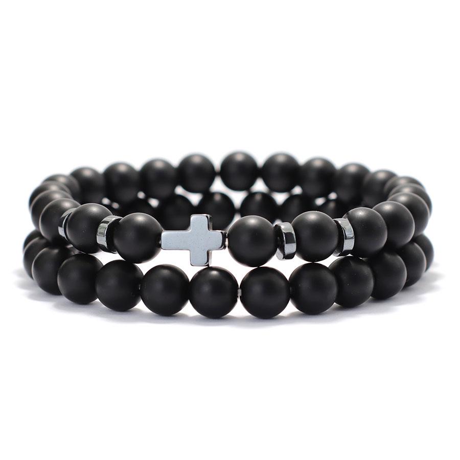 Simple Men Bracelet 2Pcs 6mm Natural Stone Meditation Yoga Brass Braclet Cross Hematite Lava Stone Faux Wooden Bead Strings