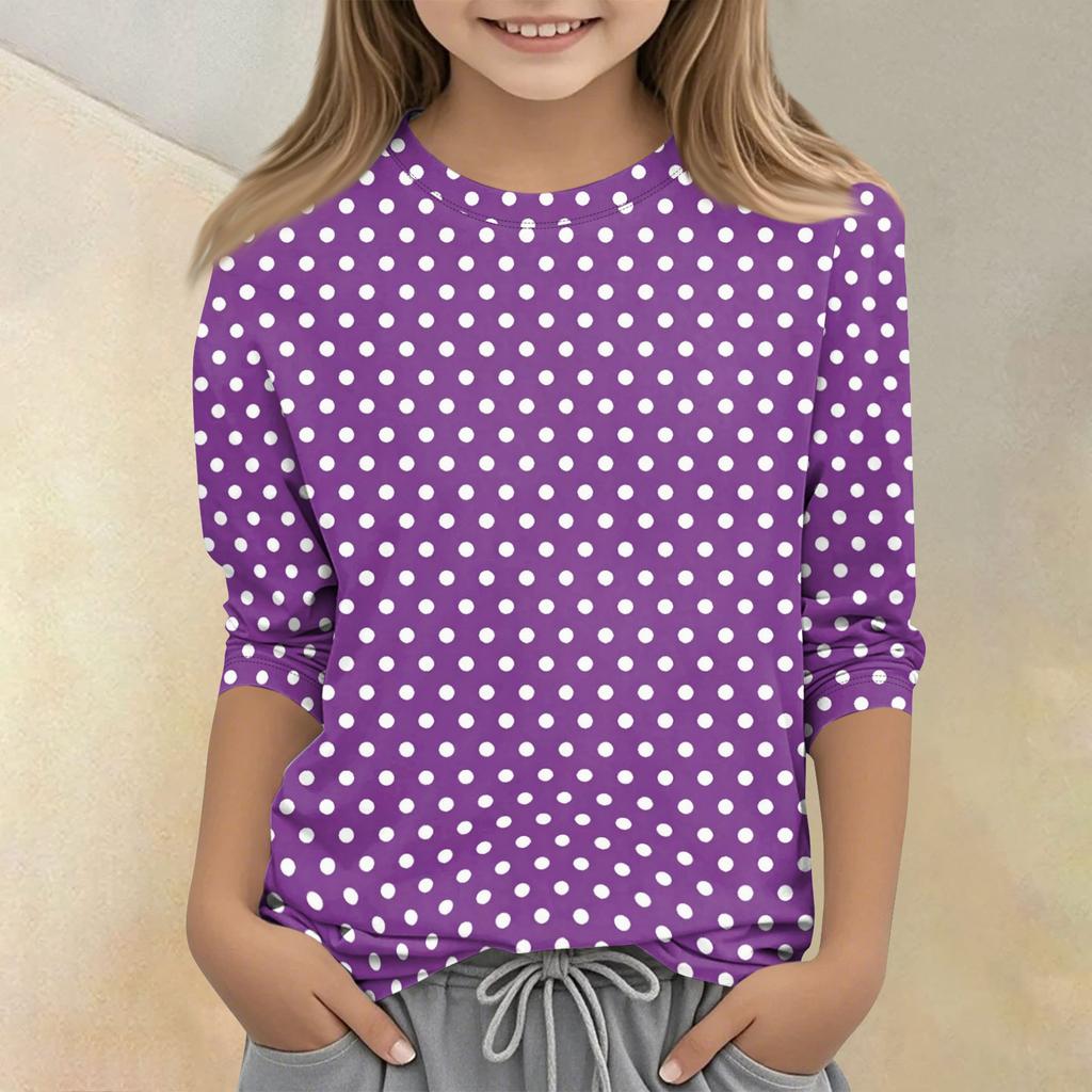 Kids Polka Dot Print Crew Neck Three Quarter Sleeve Casual T Shirt Lightweight Soft Fabric Comfortable Fit for Everyday Wear