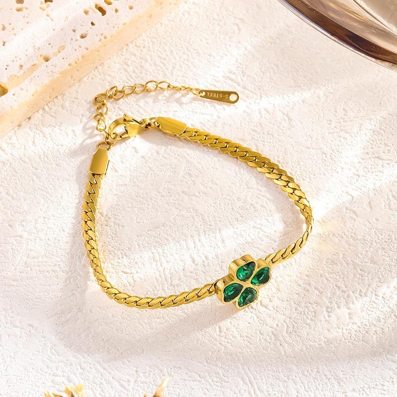 Emerald Four-Leaf Clover Zircon Bracelet & Clavicle Necklace with Titanium Steel Earrings for Women - Fade-Resistant
