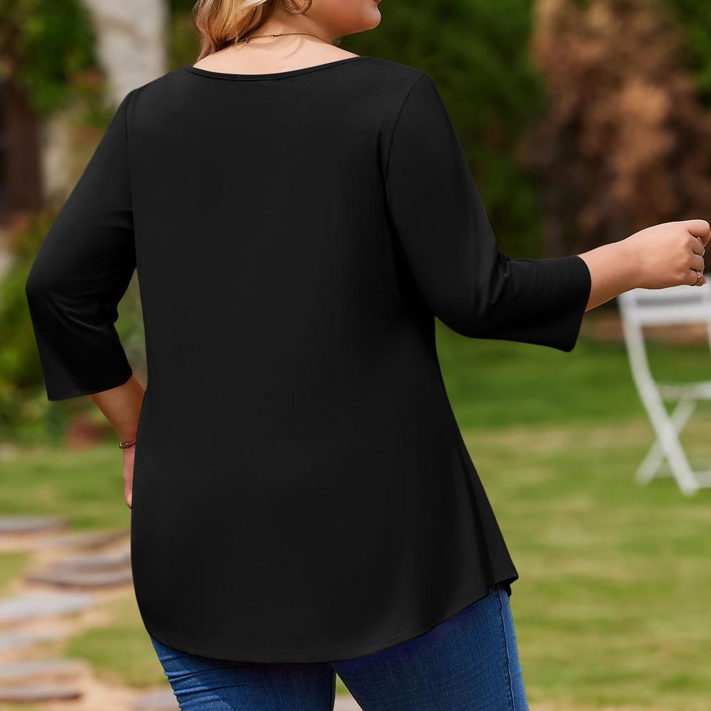 Women’s Plus Size 3/4 Sleeve Tunic Top Loose Fit Round Neck Casual Basic Blouse Soft Lightweight Fabric Comfortable Design