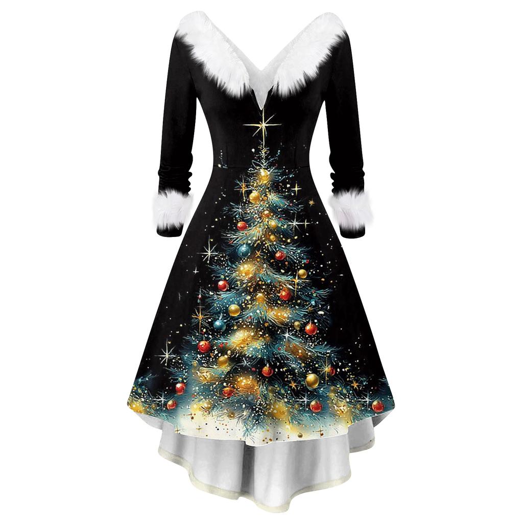 Women's Fashion Elegant Autun And Winter Long Sleeve V-Neck Christmas Print Dress