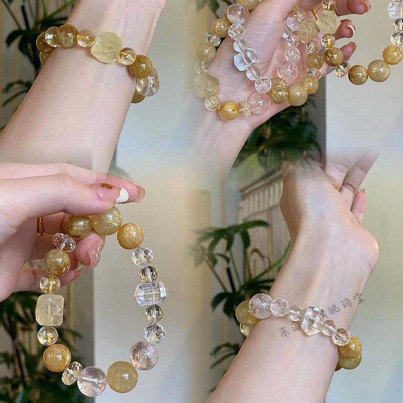 Original Design Gold Rutilated Quartz Wealth Bracelet with White and Yellow Quartz