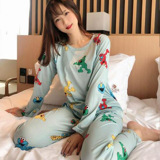 Damen Frühling & Herbst Niedliches Cartoon Pyjama Set: Langärmeliges, langhosenartiges zweiteiliges Homewear-Set mit Rundhalsausschnitt.