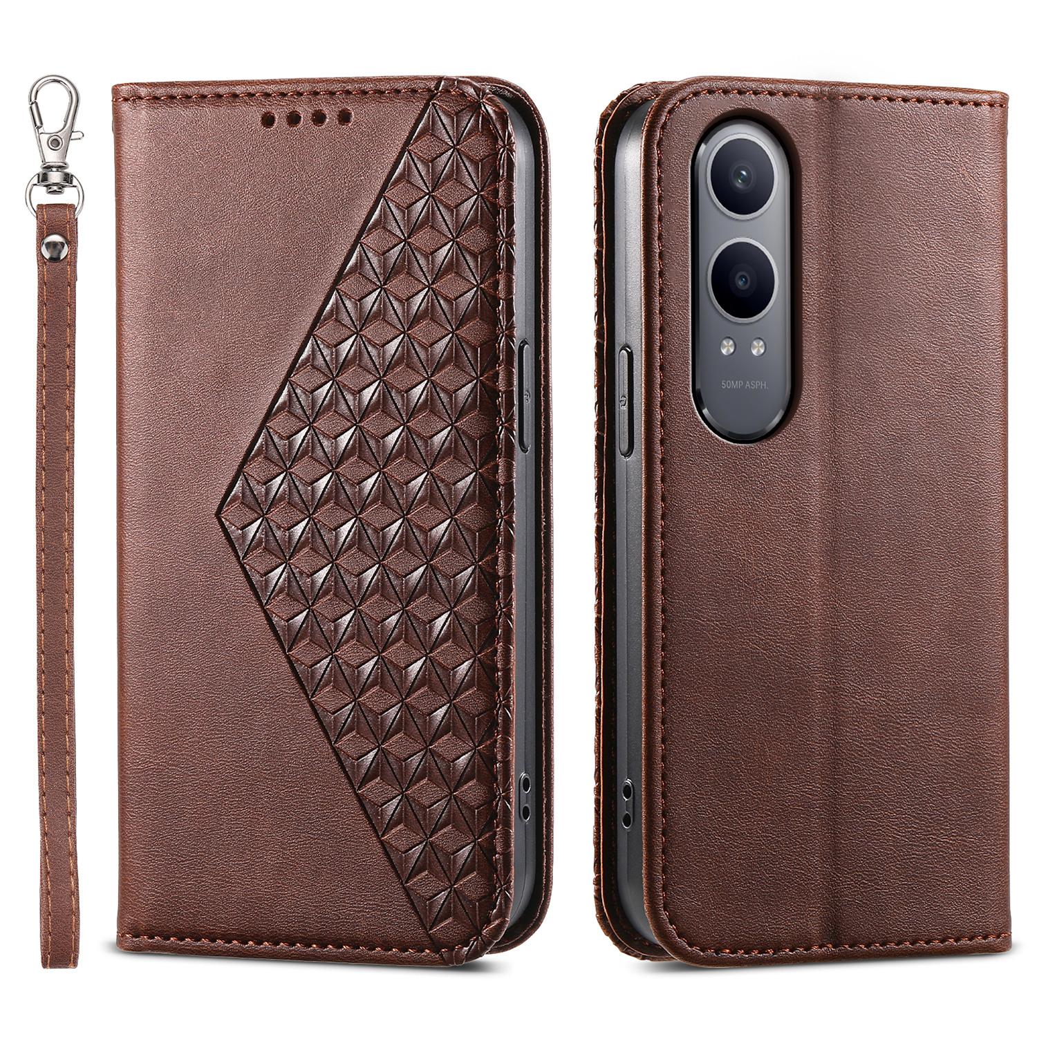 

For Oppo K12x 5G (China)/OnePlus Nord CE4 Lite 5G Phone Case Calf Texture PU Leather Wallet Cover with Strap Brown