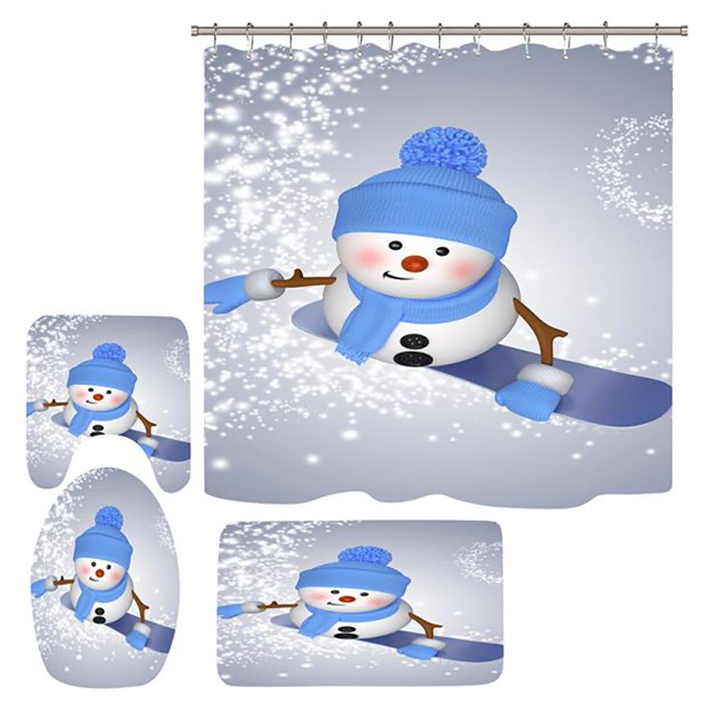 Merry Christmas Bathroom 4Pcs Set Snowman Santa Claus Pattern Waterproof Shower Curtain Toilet Cover Mat Non Slip Rug Home Decor