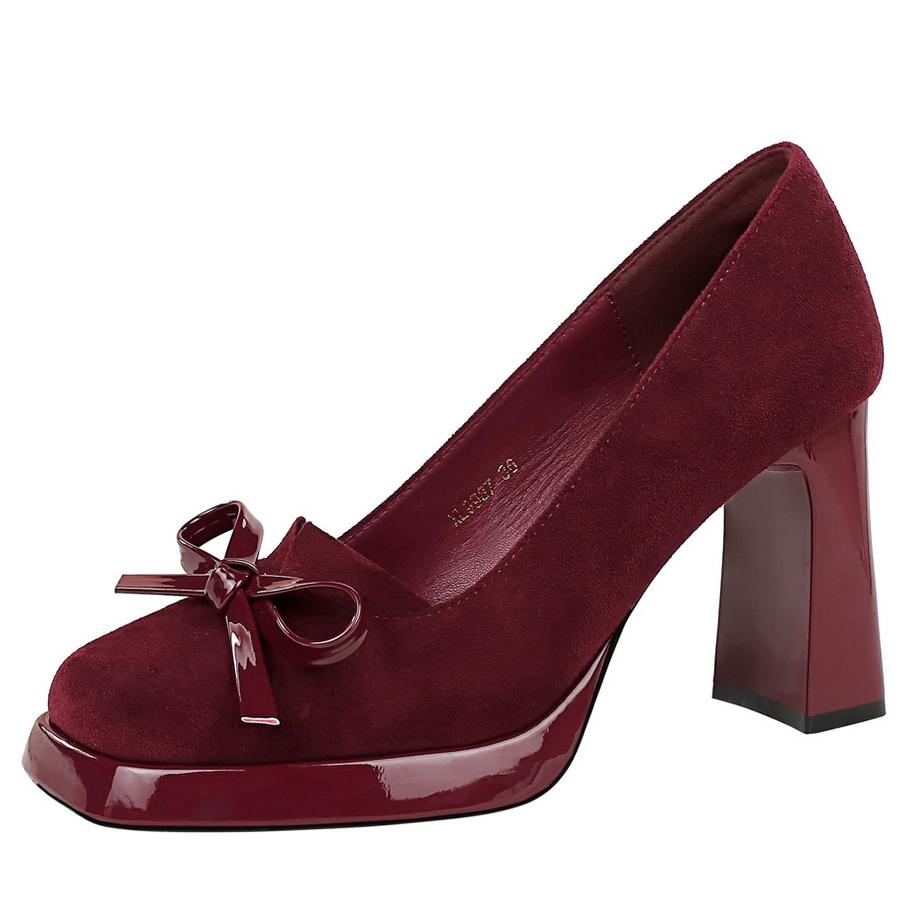 

туфли Массивный блочный каблук женские туфли-лодочки Декор в виде банта Высокий каблук Квадратный носок Платформа на высоком каблуке Замша Женская обувь 2025 40