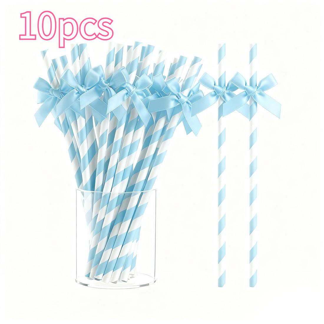 

10pcs Pink Striped Bow Paper Straws with Ribbon Labels – Disposable Party Drinking Straws for Weddings, Bridal Showers