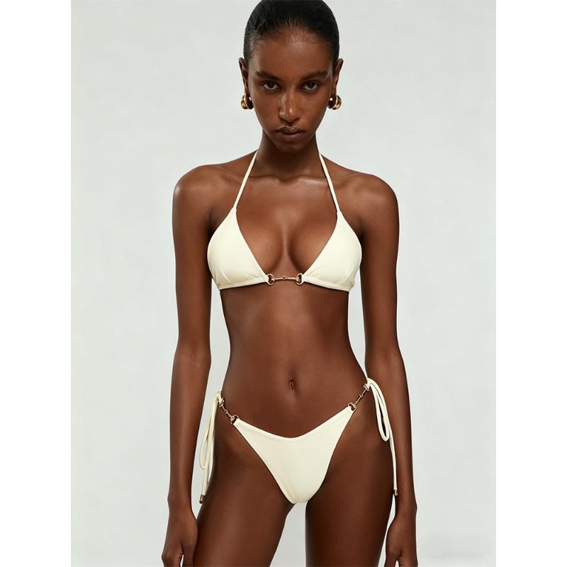 New Solid Color Sexy Ring Hollow Split Swimsuit Strap Neck Tube Top Two-piece Bikini Set