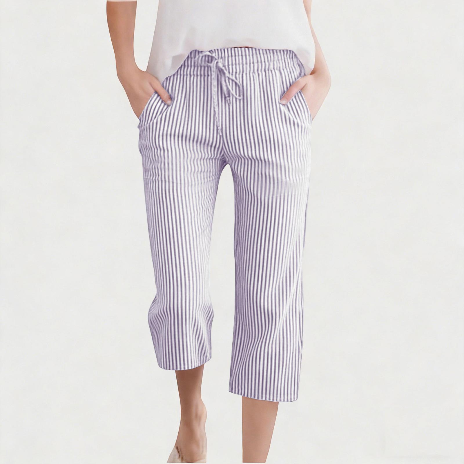 Children s Fashionable Cute Striped Elastic Waist Pocket Casual Girls Cropped Pants 160