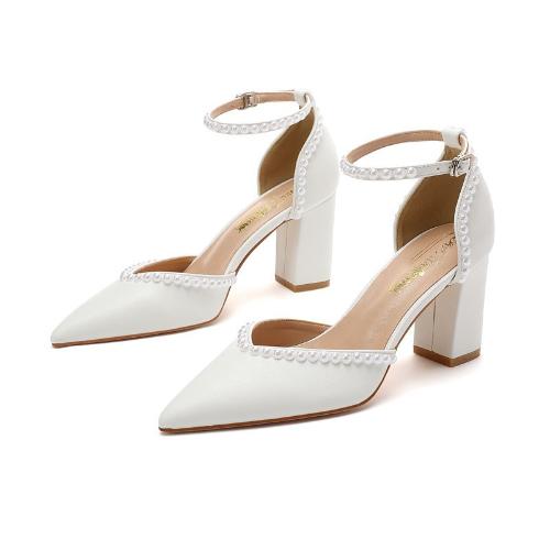 

Fashion Elegant White Bridal Shoes Pointed Toe High Heels Hollow Out Pearl Decor Chunky Heel Wedding Party Shoes 34 белый