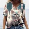 Summer Funny Cute Cat 3D Printed Women's T-Shirts Casual V-neck Short Sleeve Tops Fashion Loose Ladies Clothing SStreet Girl Tees