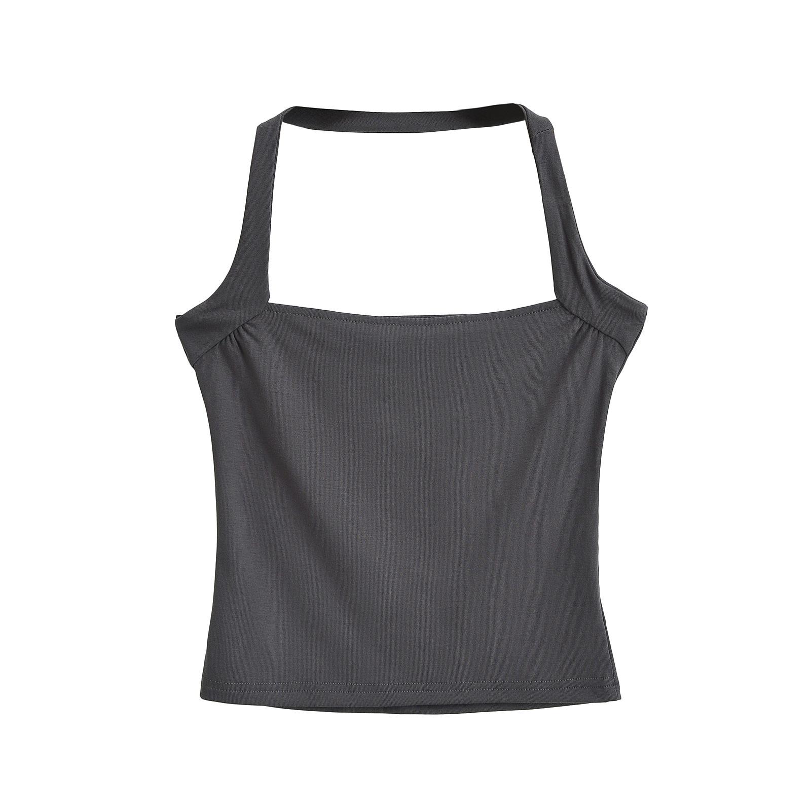 

Summer Neck Hanging Slim Fit Short Strap Slim Fit Elastic Base Top Solid Color Threaded Vest M темно-серого
