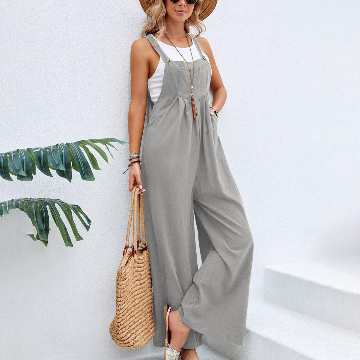 

Женский летний черный комбинезон с широкими штанинами, элегантные милые женские брюки, винтажные хлопковые модные свободные офисные женские повседневные комбинезоны, брюки S светло-серый