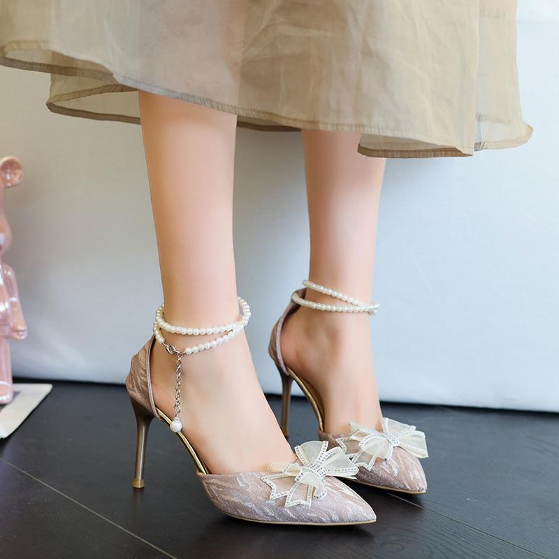 Luxury Pearl Crystal Bowtie White Wedding Shoes Women   Spring Brand Designer High Heels Pumps Woman Thin Heeled Party Shoes