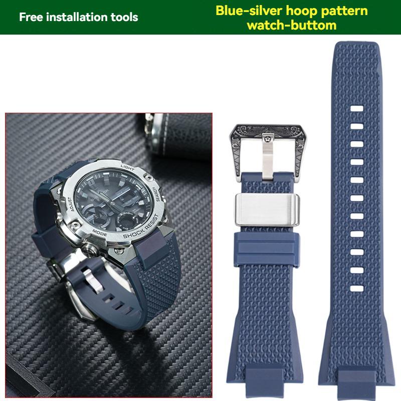 for Casio GST-B400 Series Rubber Waterproof Sports Strap Steel Heart Upgraded Steel Ring Pattern Buckle Strap