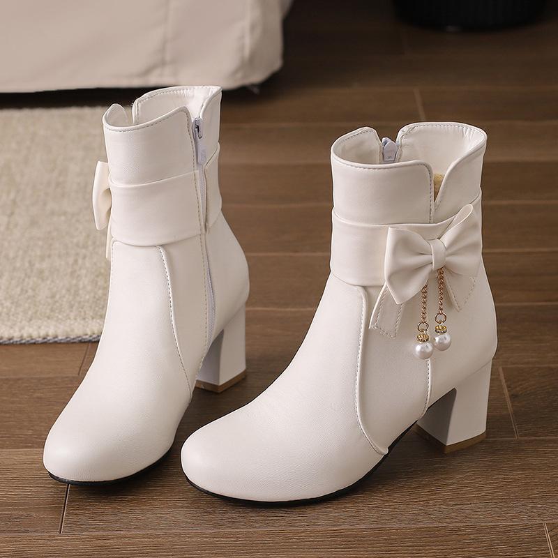 Large Size - Short Boots Coarse Heel White Martin Boots Sweet beautiful women boots Winter