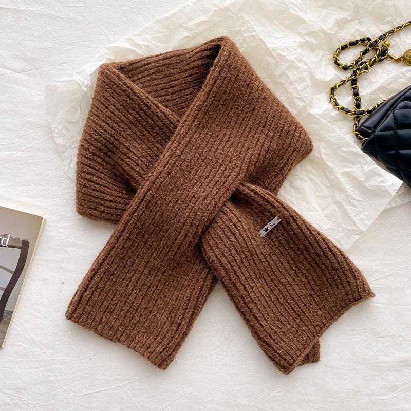 Simple knitted small scarf containing wool, women's autumn and winter age reduction versatile solid color warm cross wool scarf