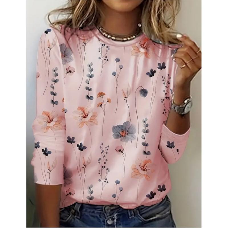 Spring and Autumn Women's Round Neck Pullover Long Sleeved T-shirt Elegant and Fashionable Floral Print T-shirt Womens New Style