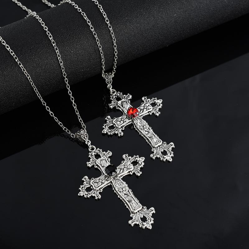 Large Gothic Cross Drill Pendant Jewelry Necklace Silver Color Red Tone Punk Jewellery Fashion Charm Statement Women Gift