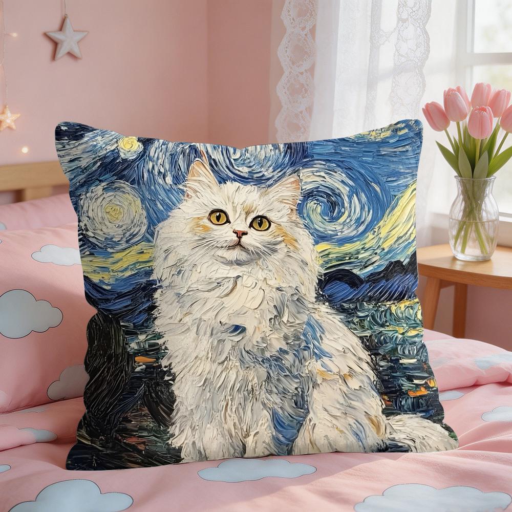 Van Gogh Starry Night Cat Cushion Cover Square Short Plush Pillow Case Living Room Sofa Home Decor Funda X