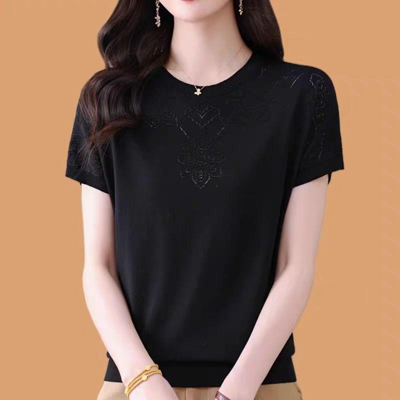 

Женская футболка с круглым вырезом, тонкая, свободного кроя, с короткими рукавами, трикотажный свитер из ледяного шелка 3XL чёрный