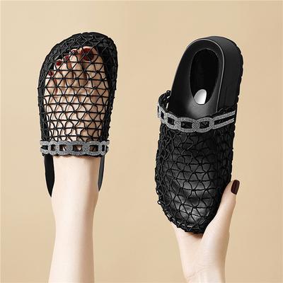 Summer New Outer Wear Hollow Woven Breathable Bag Head Half Slippers Women's Flat Bottom Rhinestone Cool Slippers Fishing Net Shoes