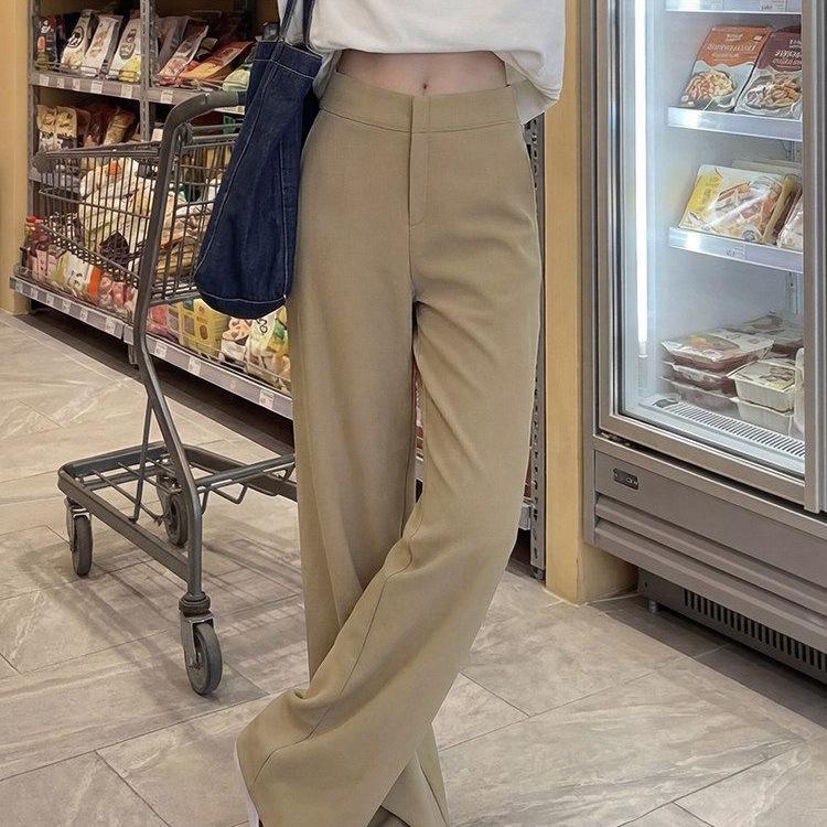 Women's Khaki Wide-Leg Trousers - Spring/Autumn 2026 High-End Slim Straight-Leg Suit Pants