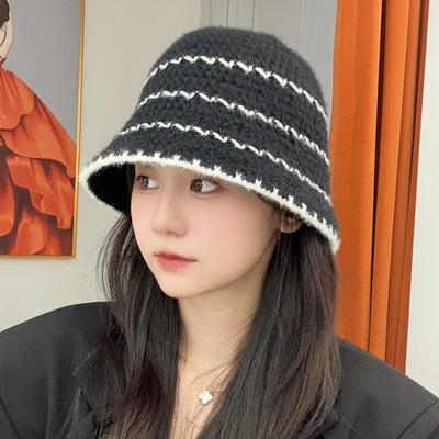 Female Striped Color Blocking Fisherman Hat Showing Face Small and Versatile Simple Casual Bucket Hat Fashionable Basin Hat