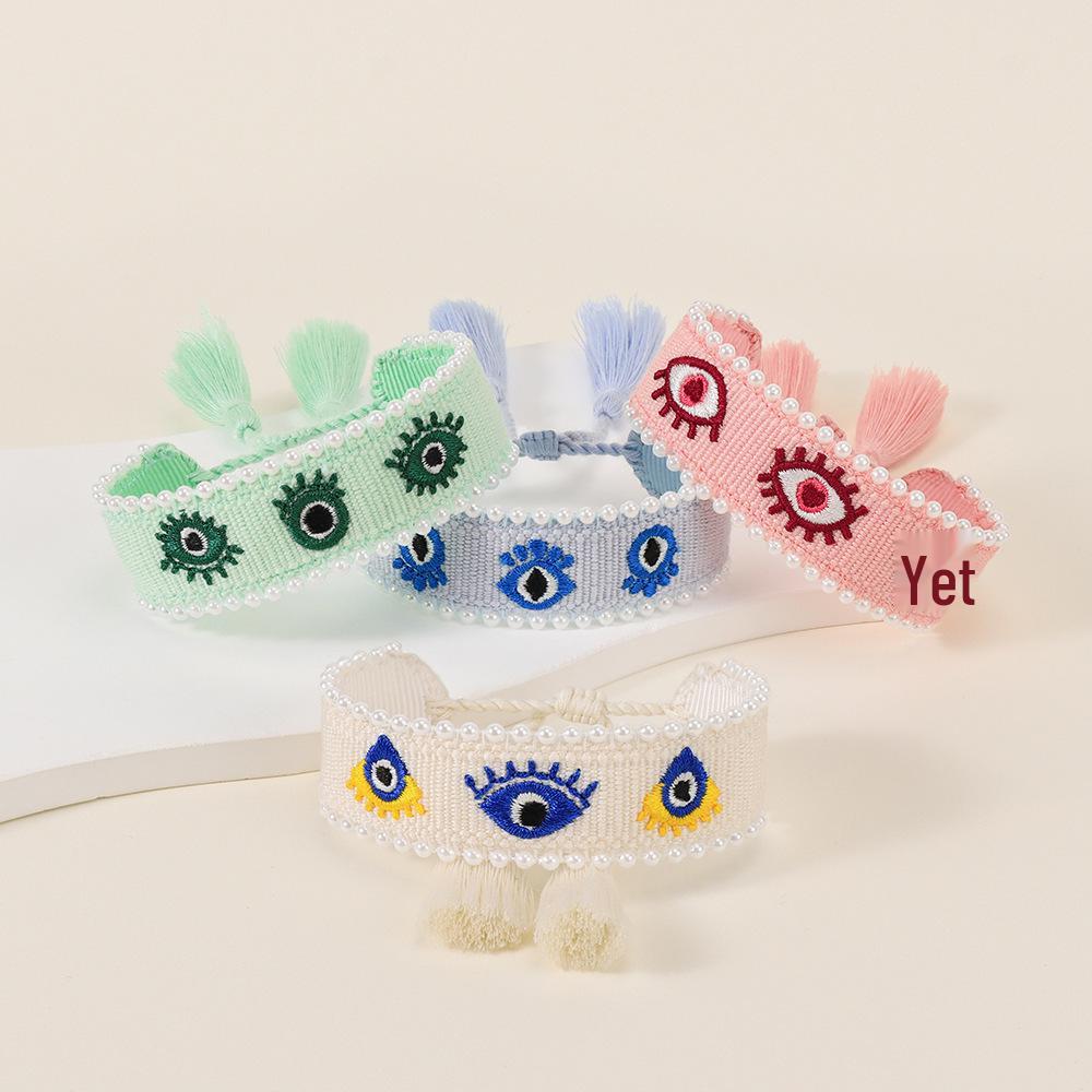 Adjustable Handmade Pearl Bracelet with Evil Eye Embroidery