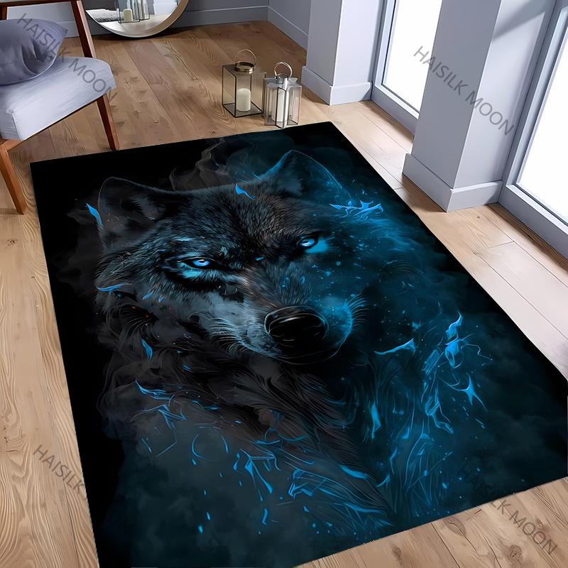 3D HD Blue Flame Lone Wolf Cool Printed Carpet Bedroom Non Slip Sofa Table Area Rugs Living Room Hallway Floor Mats, Fast Arrive