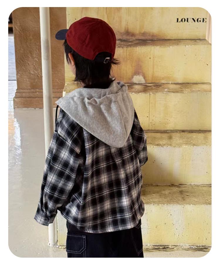 Boy's Spring & Autumn Plaid Hooded Long-Sleeve Shirt Jacket