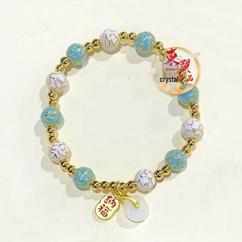 White and Blue Cloisonné Fortune Bracelet with Incense Ash Glaze and Gold Foil. синий