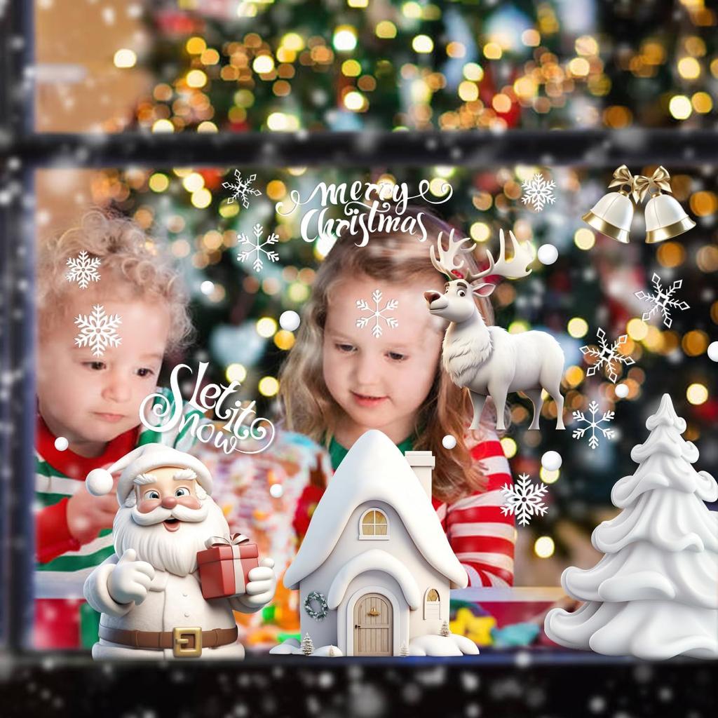 90PCS Christmas Window Stickers White Christmas Snowman Christmas Tree Static Cling Window Christmas Decoration Stickers