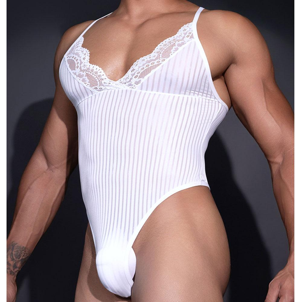 Buckle Open Crotch Sexy Stripe Men'S Bodysuit Tops Vest Deep V Lace Neck Elastic Shaping Tights Transparent Nightclub Leotard