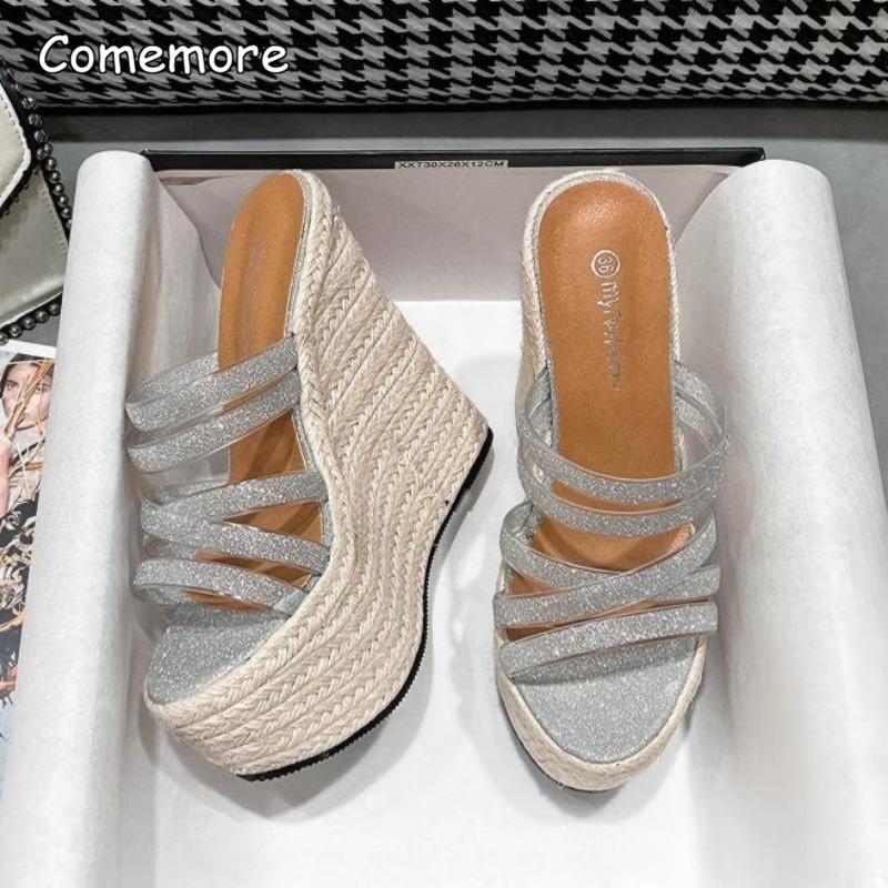 Modische Keilabsatz Hausschuhe 15CM Plateau Schuhe Sommer Strand Schuhwerk Damen Glitzer Riemen Lässige Pantoletten Pantuflas Mujer