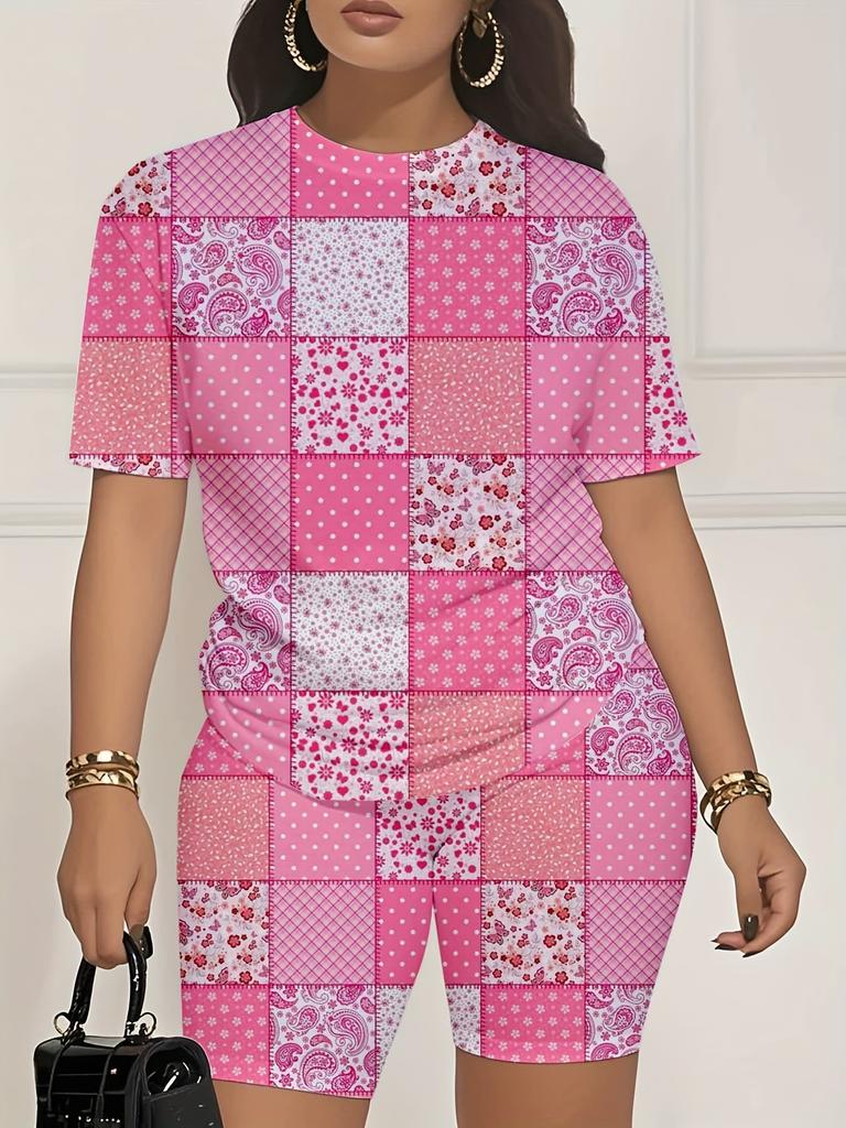 Color code European and American women's clothing painting printing T-shirt shorts set sports suit