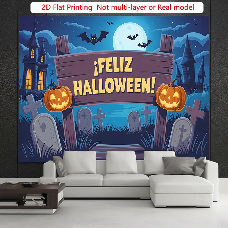 Party Backdrop Halloween Castle Flat Spooky Night Scene Graveyard Pumpkins Bats Event Photo Background Outdoor Party Decor
