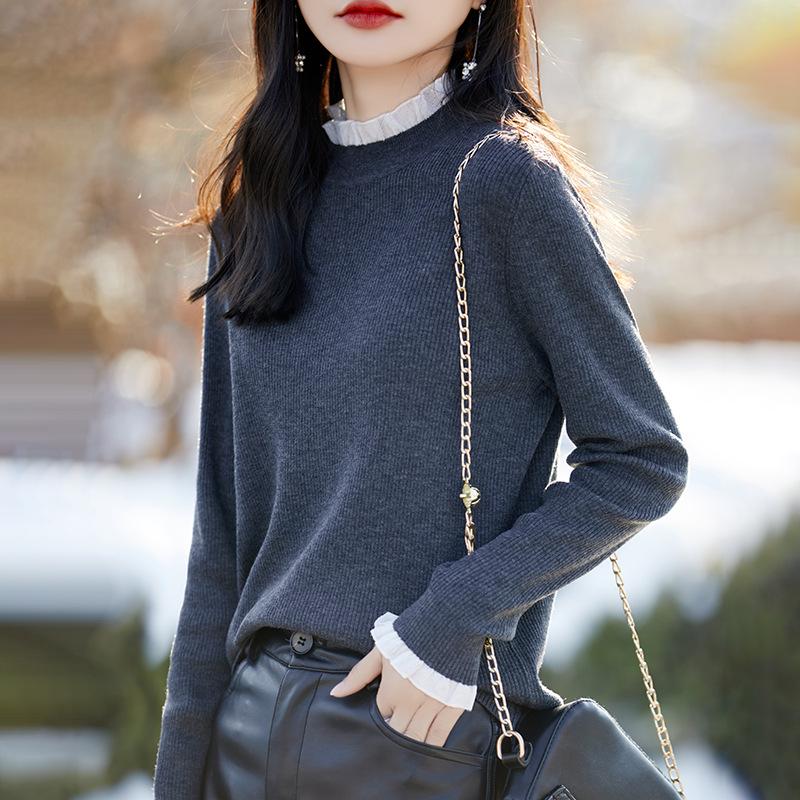 Women's Black Ruffle Lace Knit Sweater - Semi-High Neck Top for Spring/Autumn 2025