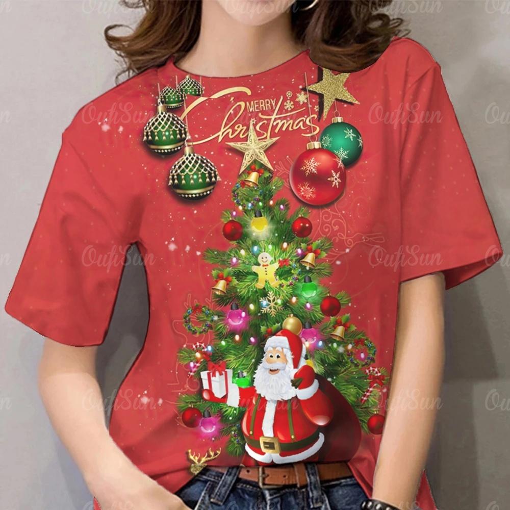 Women's Christmas T-Shirt 2026 - Tree & Santa Design, 3D Printed Full Sublimation