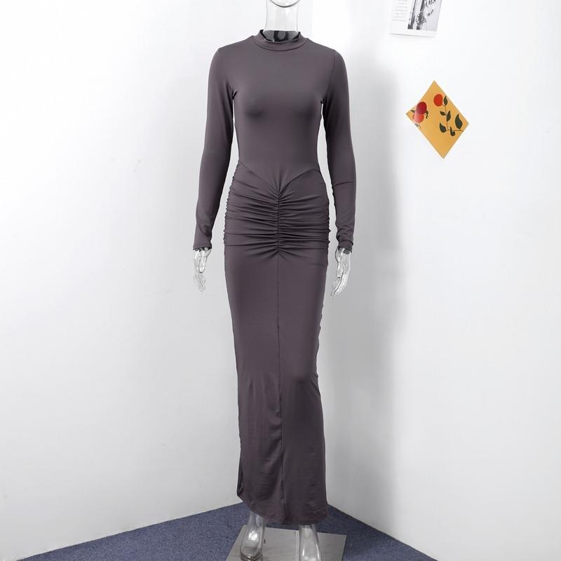 Rynket Skinny Stretch Enkel Ensfarget Lang Kjole Dame Høstmote Langermet O-hals Basic Klassisk Skjørt