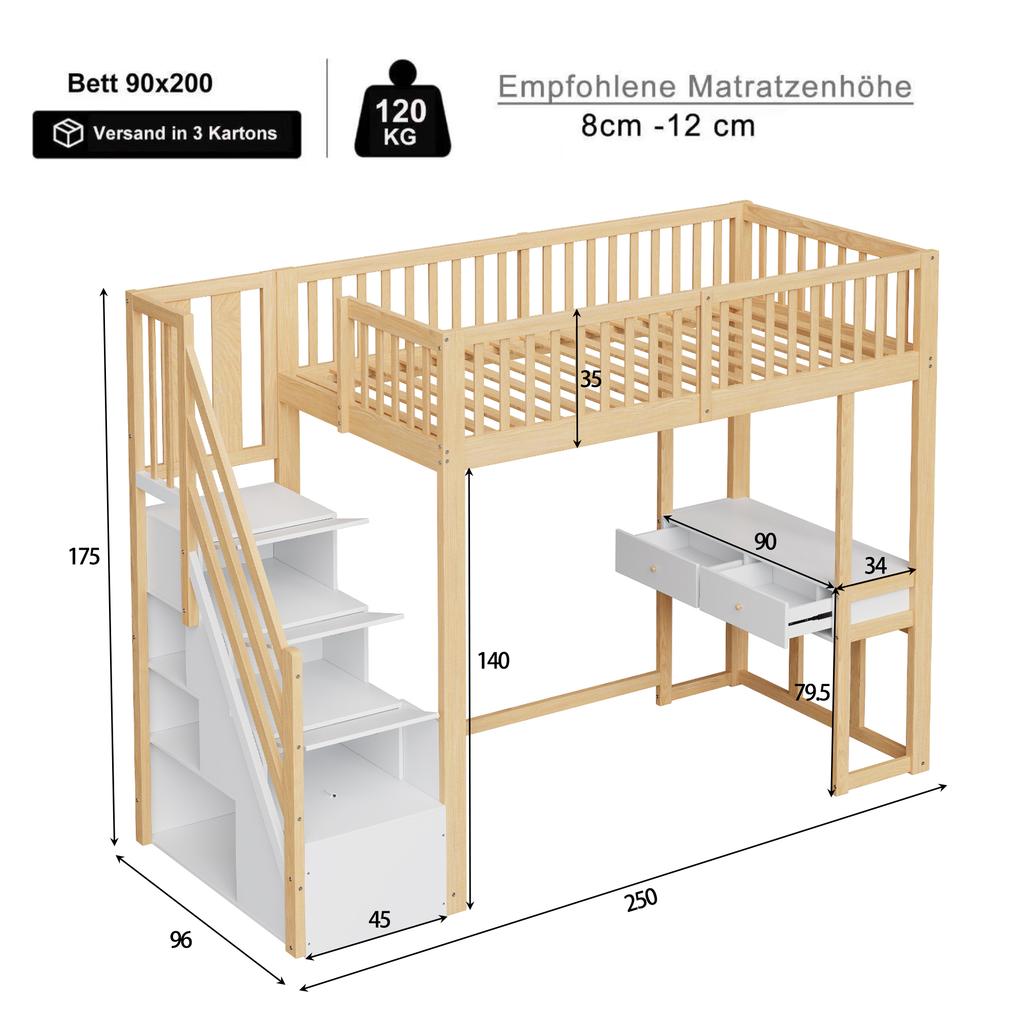 90x200 Loft Bed with Multifunctional Table, Safe Storage Staircase, Bed Frame Made of Solid Pine Wood for Children and Teenagers White