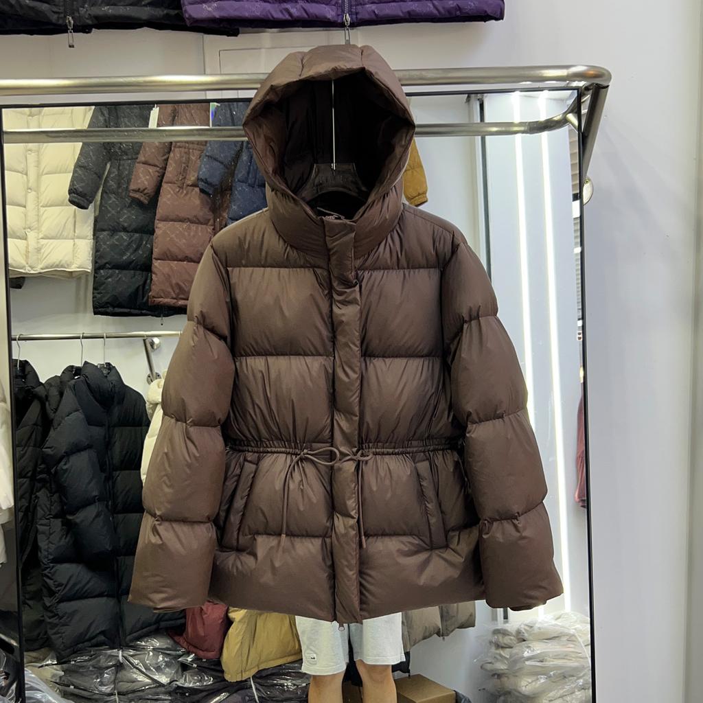 New down jacket women's medium and long thickened waist drawstring thin puff hooded bread jacket