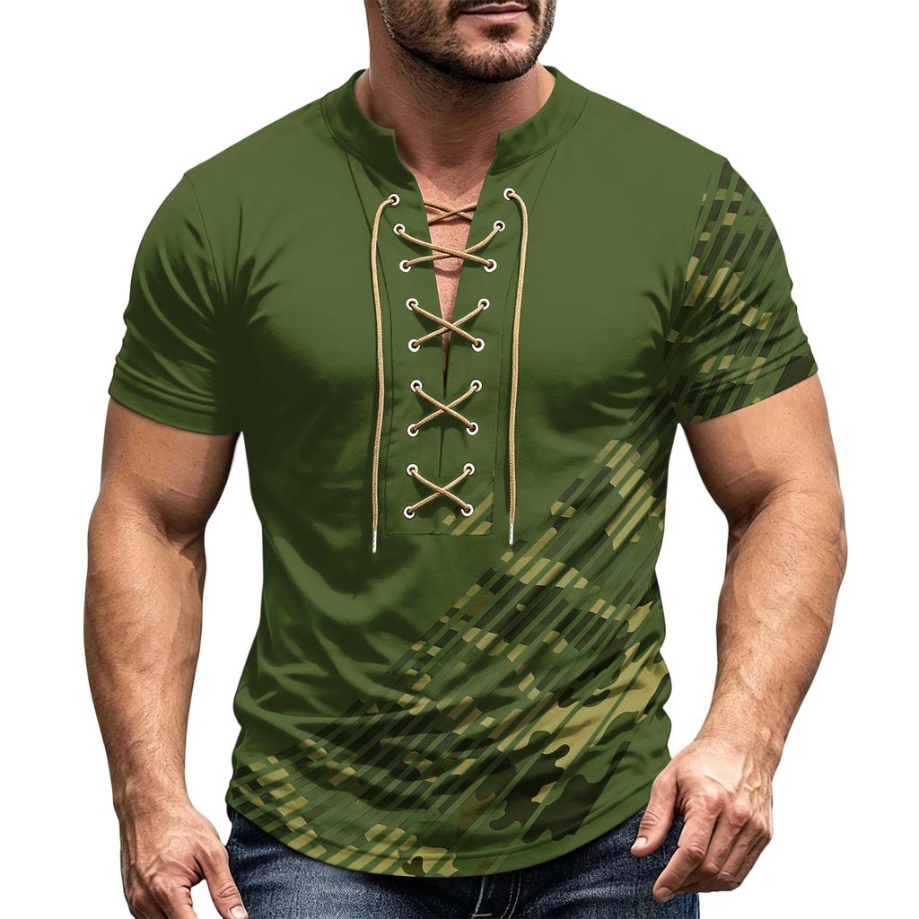 Herren Sommer Retro V-Ausschnitt Hemd Kurzarm Lässig Farbe Oberteil