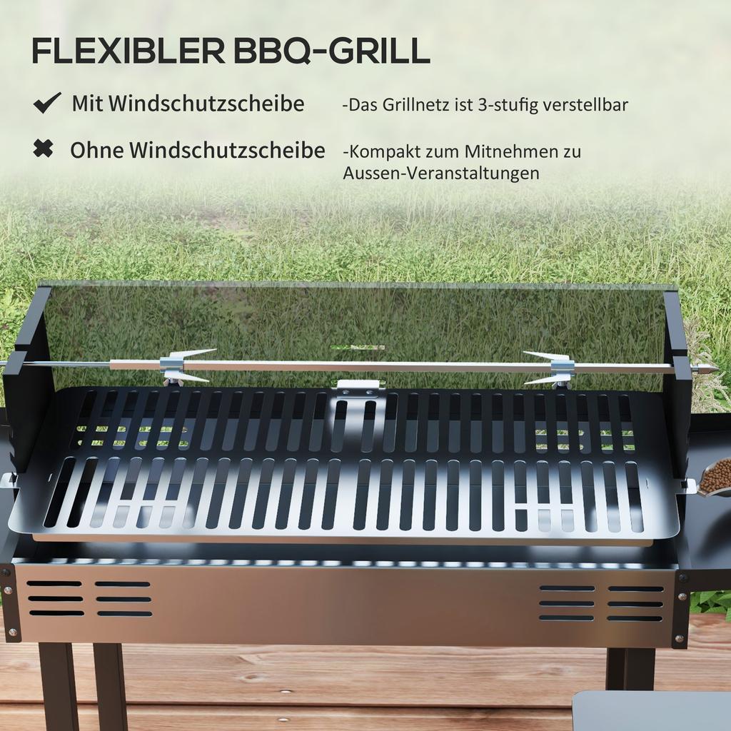 BBQ Drehspießgrill Bratenmaschine Holzkohle Spießbratenmaschine für Huhn Truthahn mit 3-stufigem Grillrost, Seitenablagen