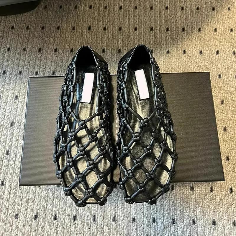 

Нишевый дизайн сетчатое плетение полые дышащие рыболовные сети на плоской подошве одинарная обувь женская 2025 лето новые сандалии туфли-сетка 35 чёрный