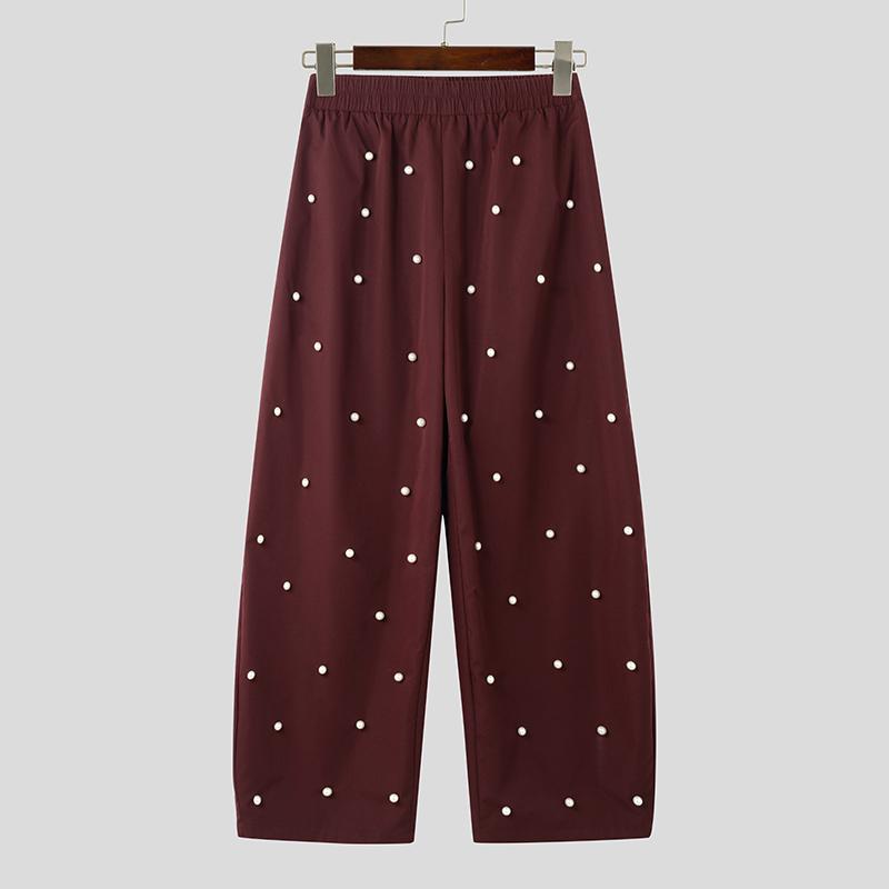 

INCERUN Мужские брюки большого размера с эластичной талией, спереди жемчужная отделка, пэчворк, повседневные длинные брюки M