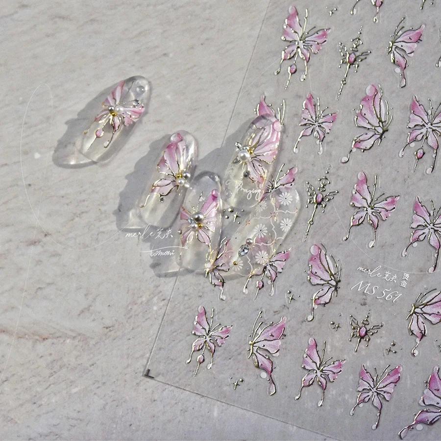 Gradient White Pink Butterfly Flower Shiny Stars Chic Spring Petal 5D Soft Adhesive Nail Art Stickers Decorations Manicure Decal