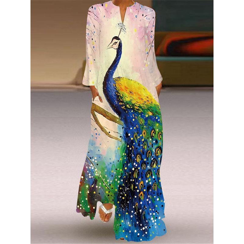 Long Sleeve Dress Classical Beauty Pattern Print Dress Stage Show Performance Wear Travel Photography Clothes