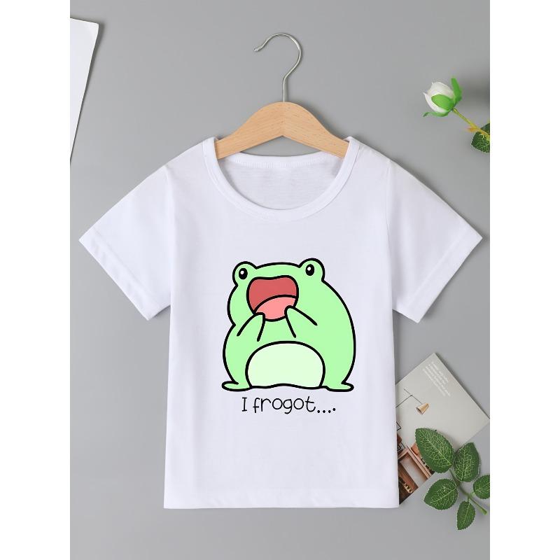 Европейские размеры Топ для девочек с рисунком лягушки и надписью  Я забыл... , Повседневный топ с круглым вырезом Весна-Лето для маленьких девочек, 98cm